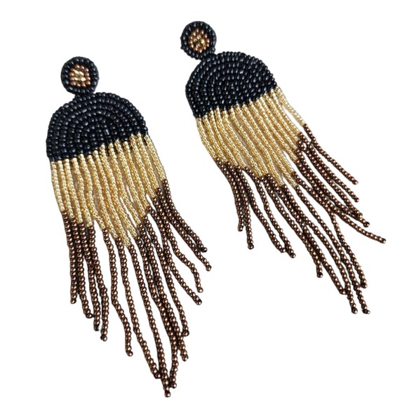 Iridescent Black Rice Beads Chandelier Earrings Bohemian Ear Jewelry Boho - Picture 4 of 4